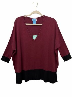 Survival Sweater V Neck 3/4 Sleeve Oversized Pullover Wine Black Women Sz L